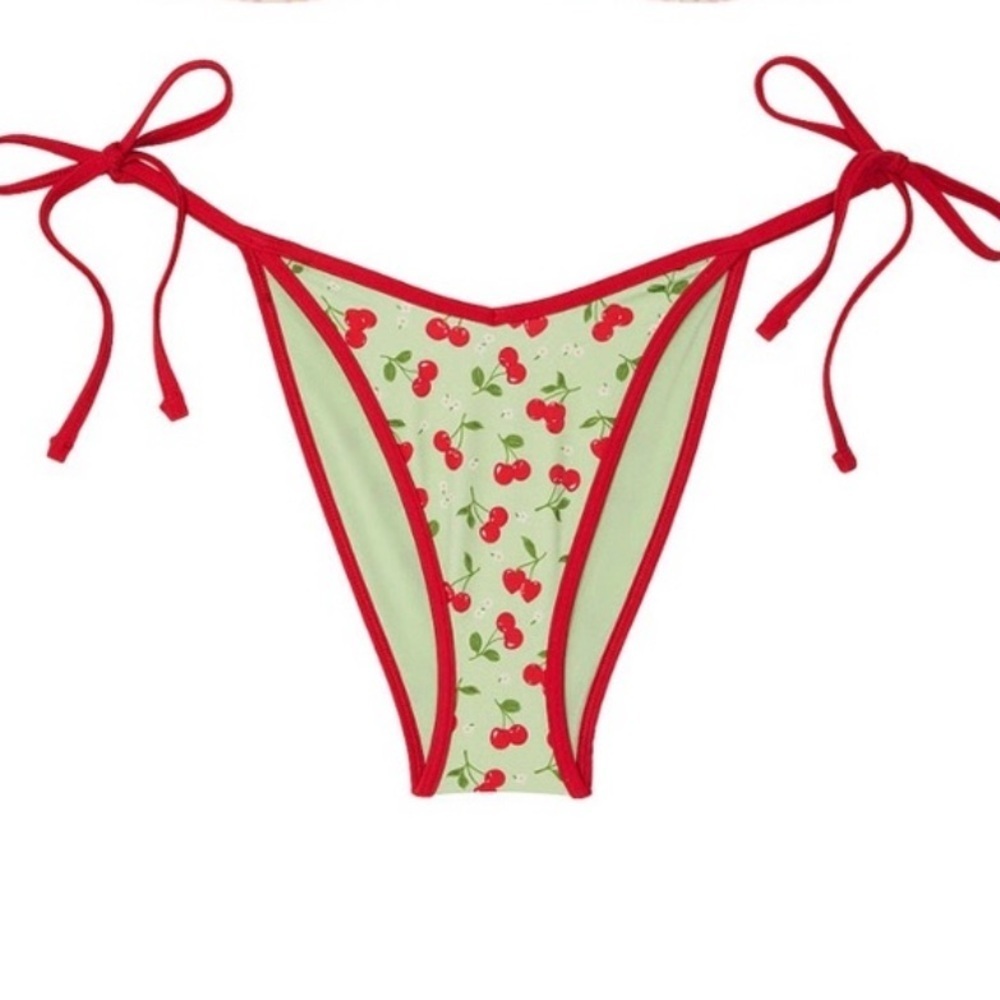 New! Frankie’s Bikinis x Pink Cherry Print Bikini Bottom green 1544